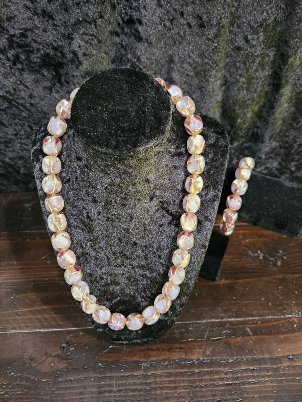 Vintage Bohemian Art Glass Necklace & Bracelet Set Iridescent White & Pink Beads